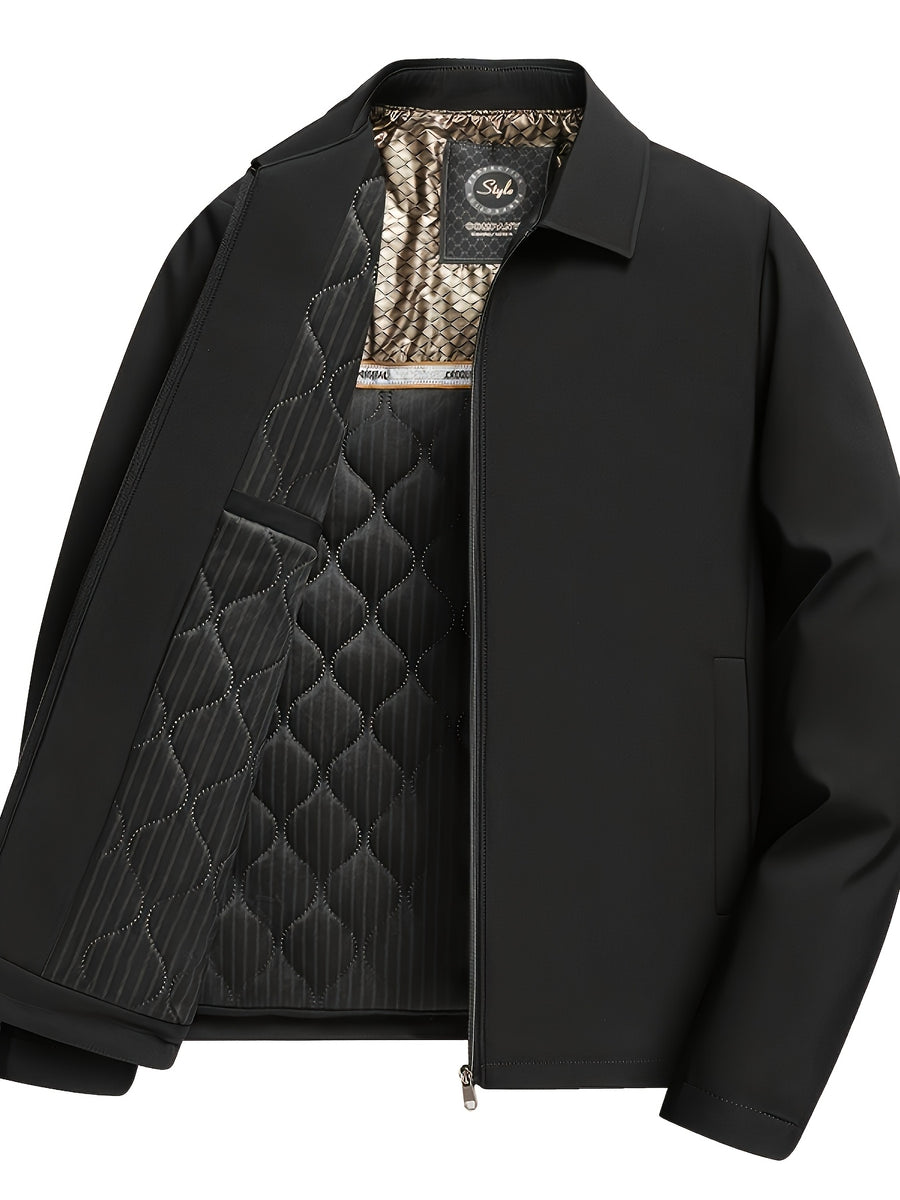 Men Lapel Button Quilted Jacket, Inner Wave Quilting Holds Filling Well, Metal Snap Buttons Bring Fine Texture, Simple Side Slip Pockets for Storage, Regular Business Casual Fit, Autumn Winter Outerwear, for Bus - Black