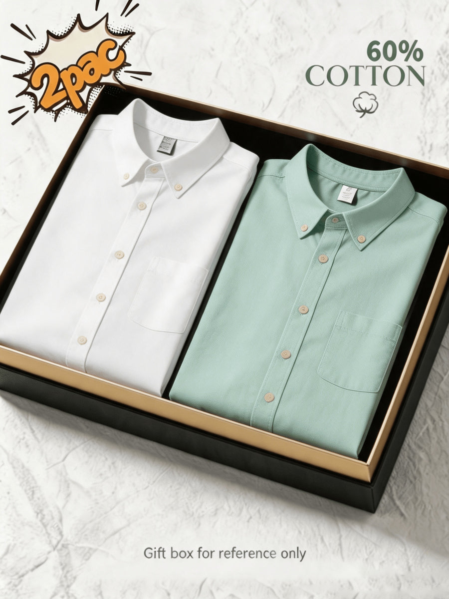 1+1 2pcs Classic Men's Oxford Plain Color Shirt, Long Sleeve Spring/Autumn Pocket Lapel Shirt for Casual Daily Outings - White+Green