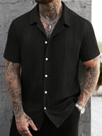 Men'S Solid Color Knitted Short Sleeve Shirt - Black
