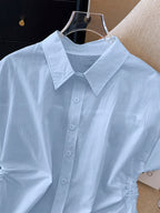Women's Casual Short-Sleeve Single-Breasted Button-Up Short Shirt with Drawstring, Simple Loose Fit Top for Outings and Commuting, Suitable for Summer - Light Blue