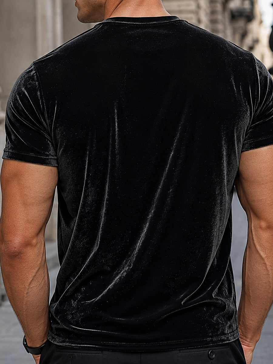 Men's Black Velvet Crew Neck Short Sleeve T-Shirt, Light Luxury Glossy Slim Fit High-End Casual Top - Black