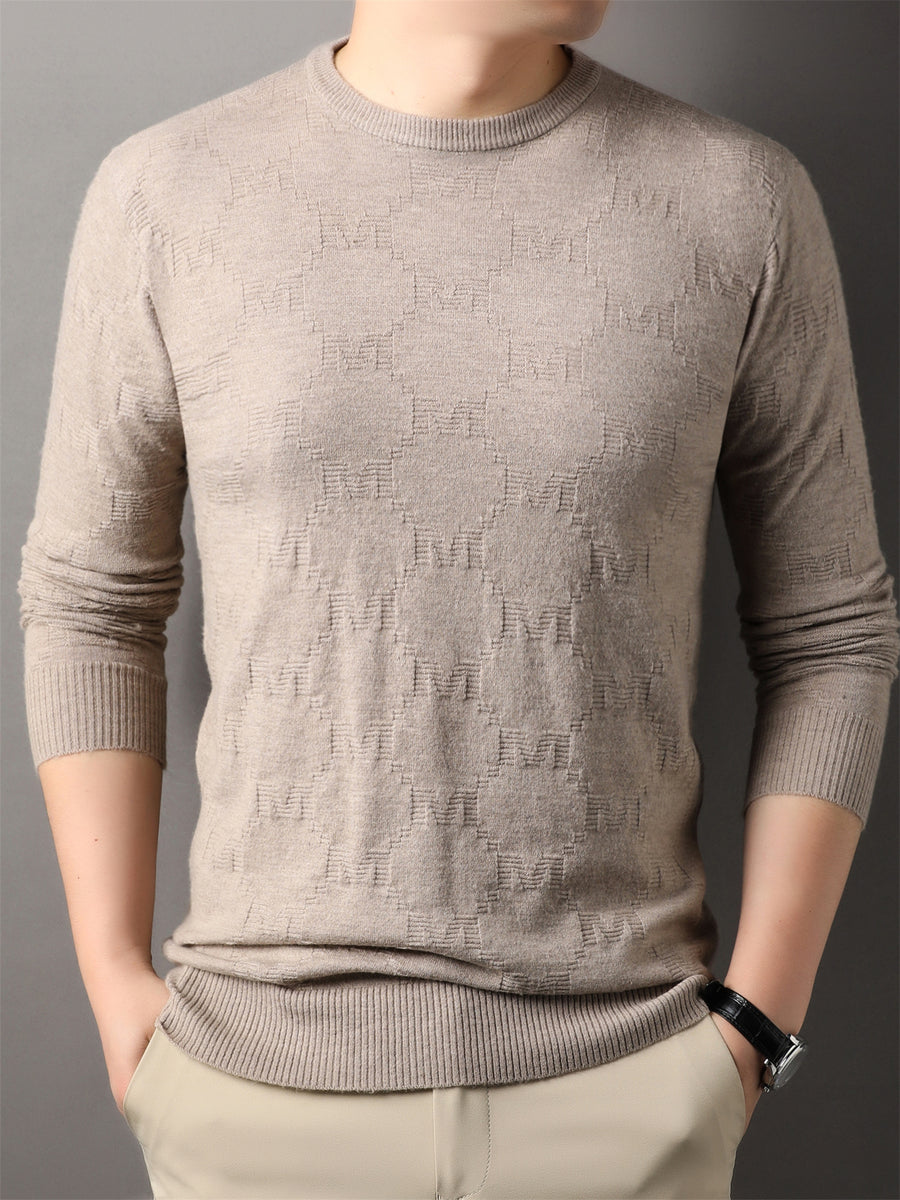 Autumn Winter Knit 3D Solid Round Neck Sweater, Basic Knit Pullover Top, Men'S Fashion Long Sleeve Sweater, Mon-J - Light Camel