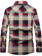 2026 Spring/Autumn New Style Lapel Checkered Short Shirt Men'S Trachten Shirt American Casual Men'S Trendy Fashion All-Match Outdoor Long Sleeve Shirt - Red Grid