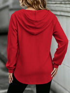 Waffle- Women's Sweatshirt with a Button- Placket at the Hooded Neckline, Creating a and Stylish Look. A Casual yet Elegant Hooded Sweatshirt—fashionable and Versatile - Scarlet red