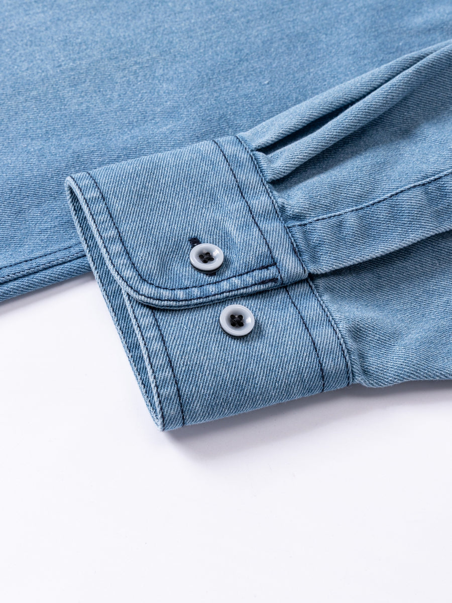 Men'S Casual Shirt American Retro Denim Shirt Fashion Trendy Double-Pocket Utility Shirt Button-Up Long Sleeve T-Shirt Spring Autumn Thin Outerwear - Light Blue