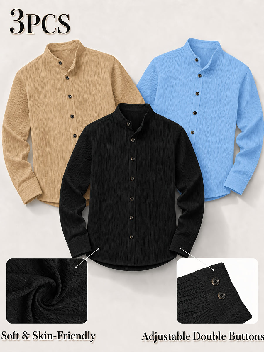 [Zhiyu'S OBM] 3pcs Men'S Long Sleeve Casual Shirt Set, Easy Solid Colors, Stand-Up Collar Design, Lightweight Breathable Fabric with Double-Button Adjustable Cuffs, Switch Between Loose And Tight Comfort, Perfect for Beach Vacations, Pool Parties - Black Light Blue Card