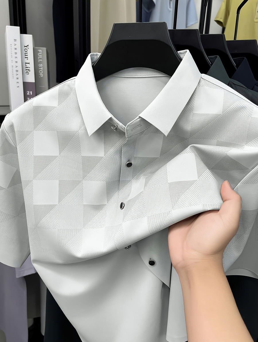Men's Jacquard Polo Shirt with Subtle Texture, Summer Short Sleeve Tee with Mulberry Silky, Seamless, Business Casual Versatile Top with Lapel Collar - Beige