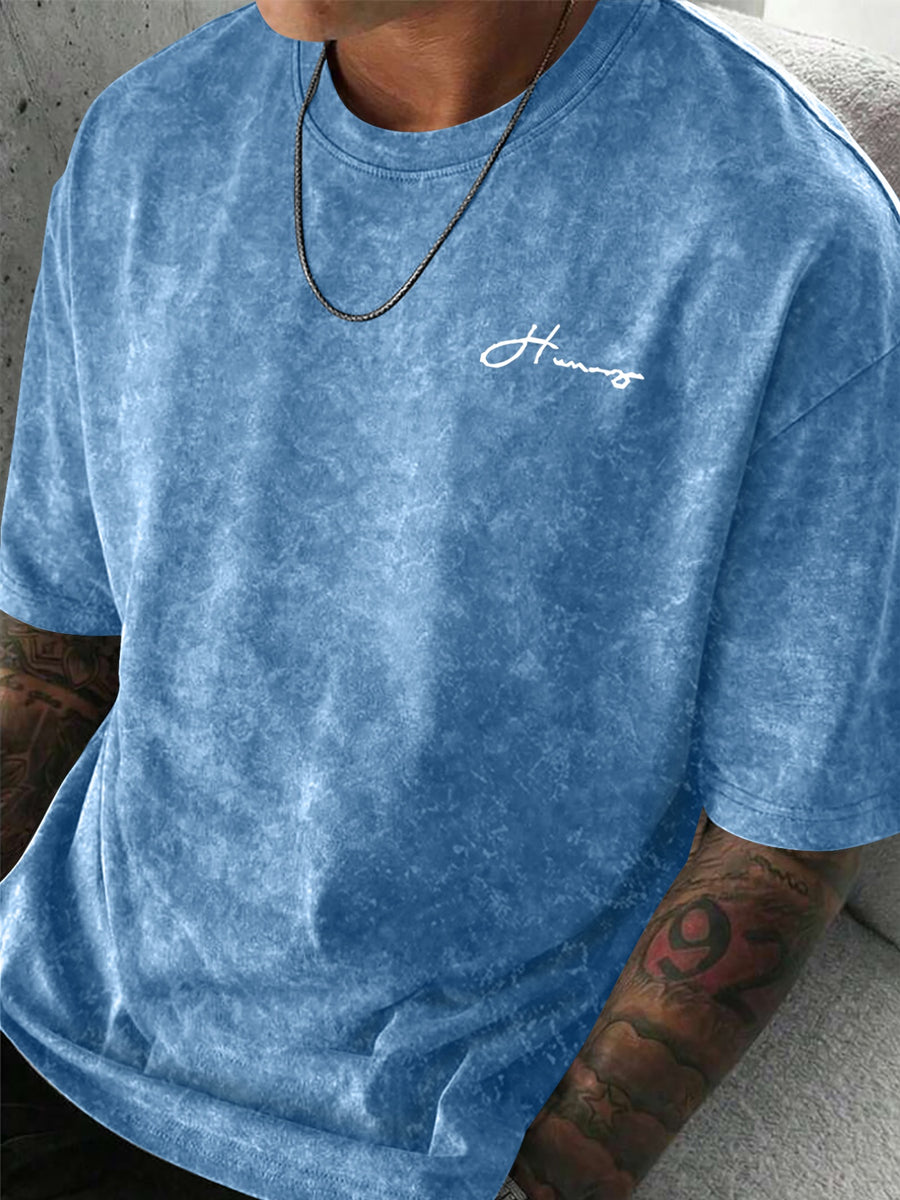 Minimalist Letter Pattern Short Sleeve, Outdoor Street Style Men'S Distressed T-Shirt - Light Blue