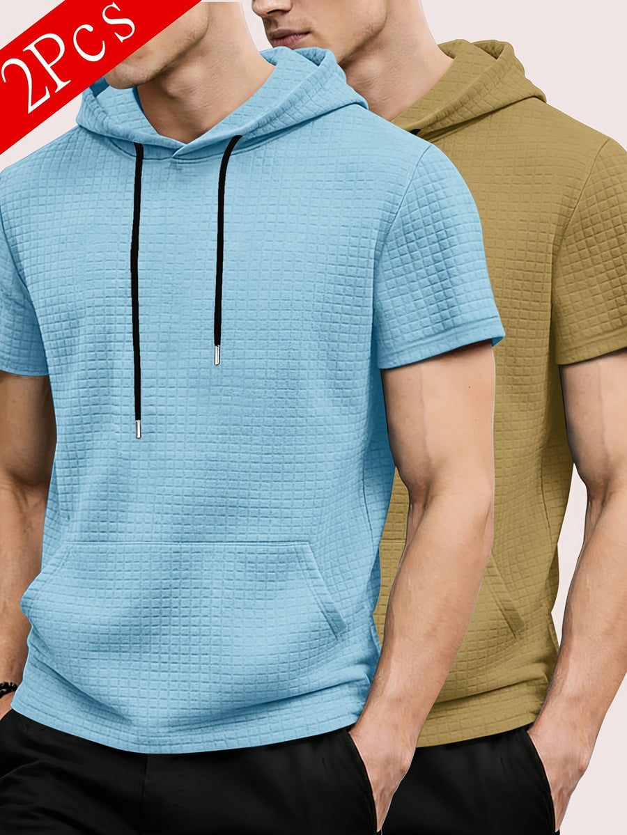 2pcs Men's Waffle Knit Short-Sleeve Hoodie with Kangaroo Pocket, Soft and Breathable Fabric, Multiple Color Options, Versatile, Simple, Stylish, and Casual for Daily Wear or Sports, a Great Choice for Holiday Gifts for Fathers, Partners, and Friends - Sky Blue+Khaki