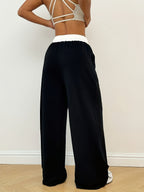 Women's Sport Studio Casual Loose-Fit Color-Block Drawstring Wide-Leg Yoga Pants - Black