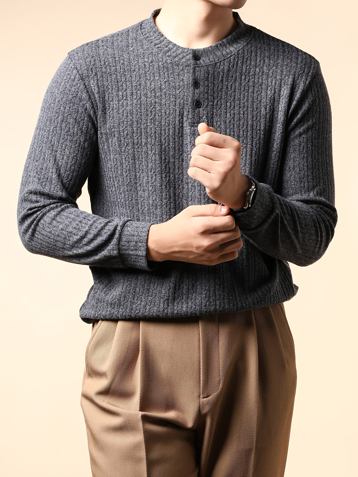 Father'S Day Men'S Fashion Henley Shirt Gray Round Neck Easy Casual Long Sleeve Top for Home And Work in Spring And Autumn - Dark Gray