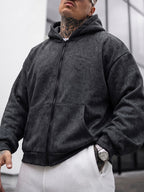 Men's Washed Distressed Charcoal Gray Zip-Up Hooded Sweatshirt, Vintage Distressed Gray Tone, Heavyweight Loose High Street Wasteland Style Washed Cardigan Hoodie Sweatshirt - Black