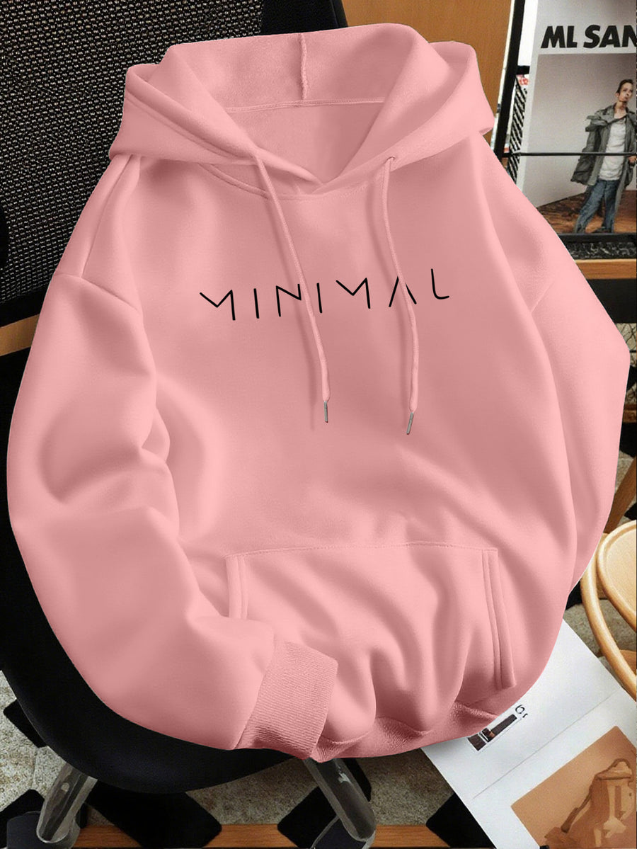 Minimalist Style Letter Print Hooded Sweatshirt, Versatile Top for Daily Casual and Commuting - Pink Color