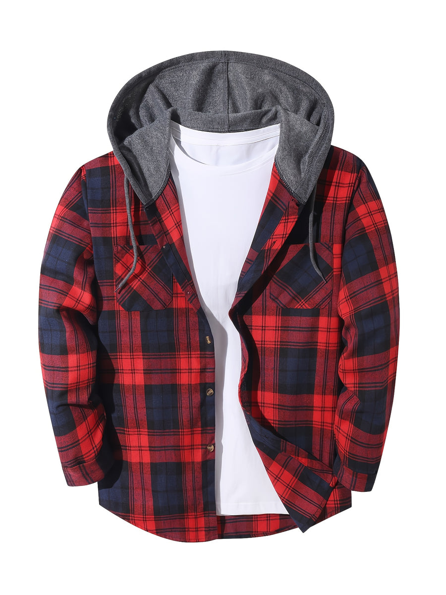 Men'S Plaid Hoodie Fashion Hoodie Fleece Shirt Price Long Sleeve Casual Button-Up Hoodie, Autumn Essentials - 【Red Navy Blue A2】
