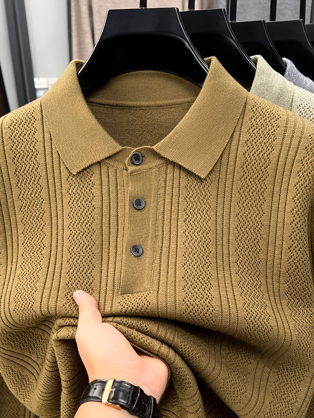 Autumn Renewal 1pc: Black Knitted Long-Sleeve Polo Shirt for Middle-Aged Men, Vertical Stripe Jacquard, Three-Button Lapel, Business Casual, Slim Fit for Spring/Autumn, Commuting and Daily Layering Top - Khaki