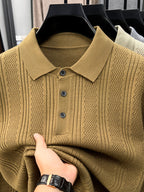 Autumn Renewal 1pc: Black Knitted Long-Sleeve Polo Shirt for Middle-Aged Men, Vertical Stripe Jacquard, Three-Button Lapel, Business Casual, Slim Fit for Spring/Autumn, Commuting and Daily Layering Top - Khaki