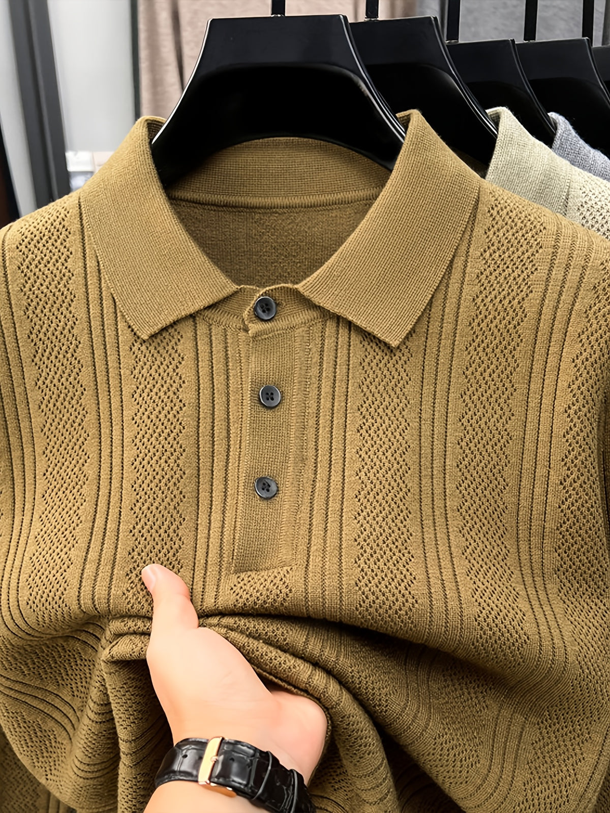 Autumn Renewal 1pc: Black Knitted Long-Sleeve Polo Shirt for Middle-Aged Men, Vertical Stripe Jacquard, Three-Button Lapel, Business Casual, Slim Fit for Spring/Autumn, Commuting and Daily Layering Top - Khaki