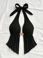 Sexy V-Neck Metallic Detail Backless Cami with Ruffled Hem Top - Black