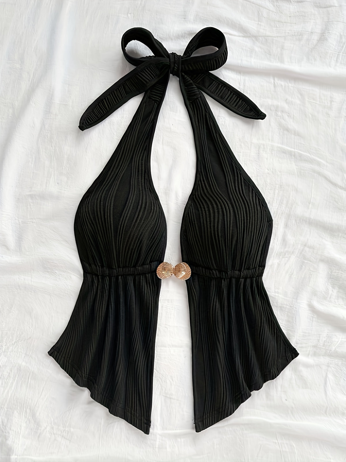 Sexy V-Neck Metallic Detail Backless Cami with Ruffled Hem Top - Black