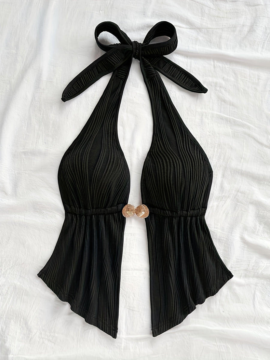 Sexy V-Neck Metallic Detail Backless Cami with Ruffled Hem Top - Black