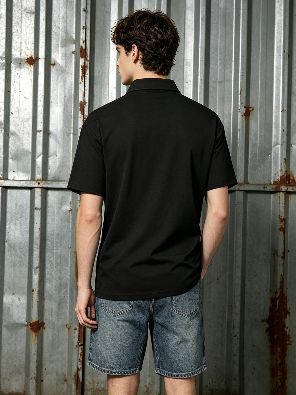 1 Men's Loose Fit Drop Shoulder Full-Zip Contrast Stitching Short Sleeve Polo Shirt, Breathable Ultra-Lightweight Quick-Dry Casual Zip-Up T-Shirt, Wear-Resistant Anti-Pilling Loose Functional Short Sleeve, Suitable for Outdoor Leisure, Outings - Black