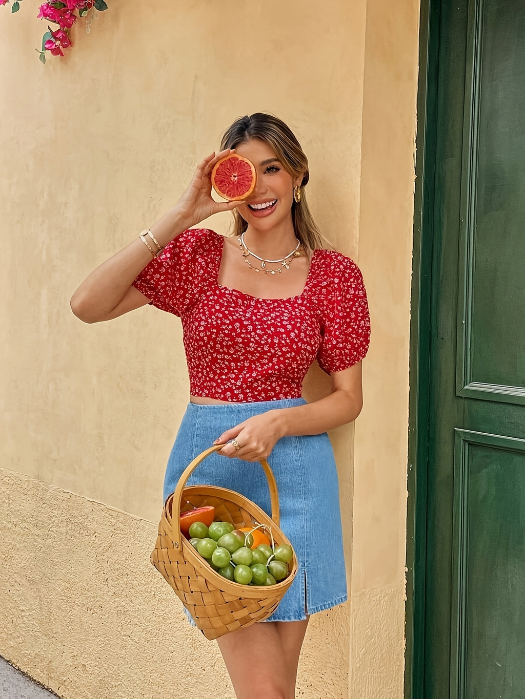 Women's Cross-Back Floral Print Puff Sleeve Tie-Up Shirt - Red