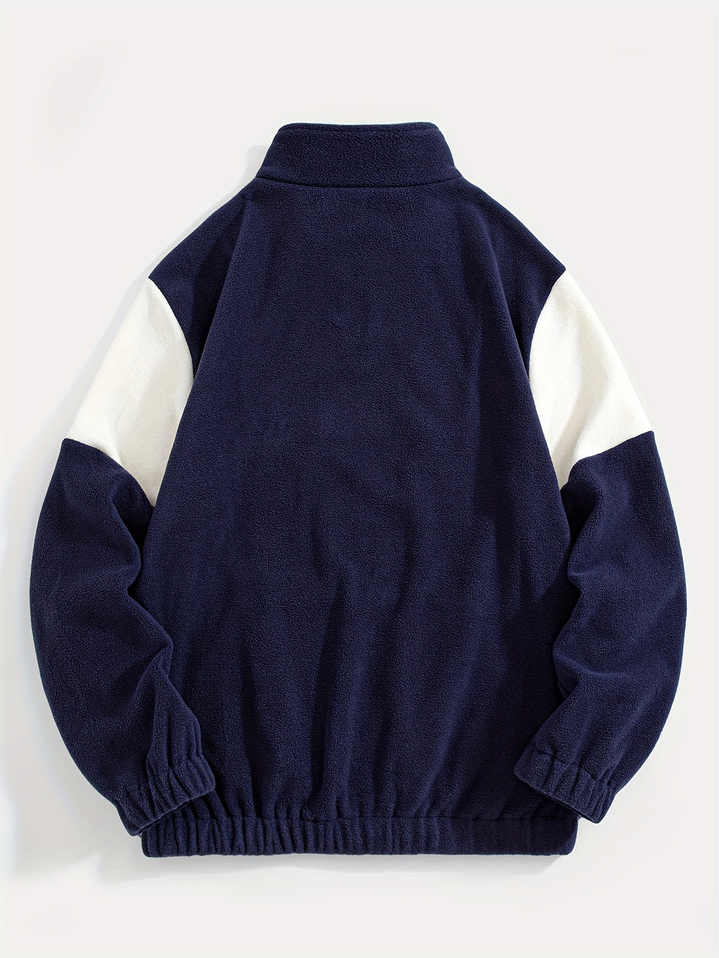 Fleece Color-Blocked Spliced Letter Embroidered Zip-Up Sweatshirt, Men'S Mid-High Collar Half-Zip Pullover Warm Outerwear, Men'S Casual Sportswear with a Trendy Street And Collegiate Style, Suitable for Daily Wear And Casual Outdoor Activities - Navy Color