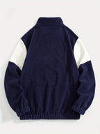 Fleece Color-Blocked Spliced Letter Embroidered Zip-Up Sweatshirt, Men'S Mid-High Collar Half-Zip Pullover Warm Outerwear, Men'S Casual Sportswear with a Trendy Street And Collegiate Style, Suitable for Daily Wear And Casual Outdoor Activities - Navy Color