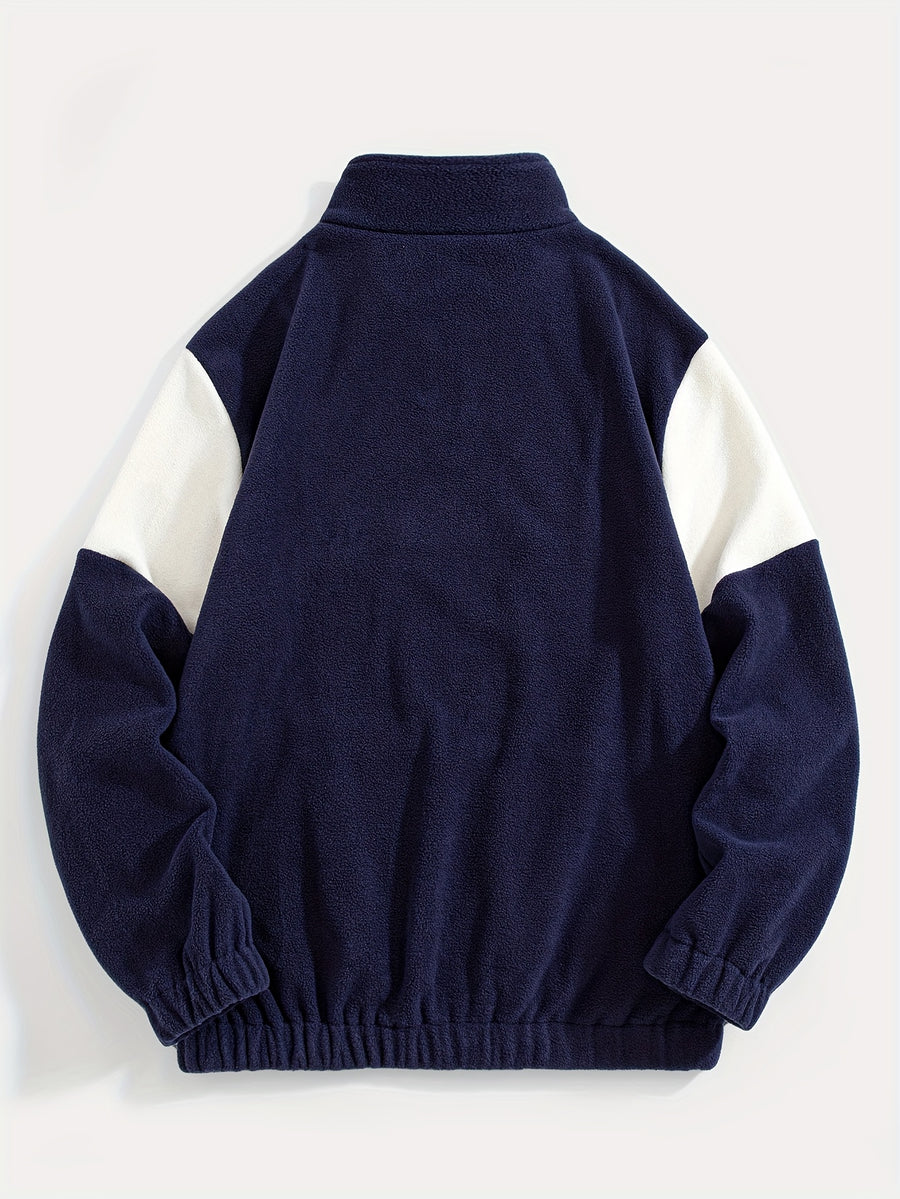 Fleece Color-Blocked Spliced Letter Embroidered Zip-Up Sweatshirt, Men'S Mid-High Collar Half-Zip Pullover Warm Outerwear, Men'S Casual Sportswear with a Trendy Street And Collegiate Style, Suitable for Daily Wear And Casual Outdoor Activities - Navy Color