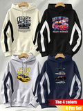 4pcs Set: 2026 Autumn/Winter Men's Street Style Hooded Sweatshirt with Diagonal Contrast Color Stripes on Sleeves, Long Sleeves, Adjustable Drawstring, Large Capacity Kangaroo Pocket for Phones, Skin-Friendly and Warm, Versatile Pullover Hoodie - Apricot + Navy Blue + Gray + Black