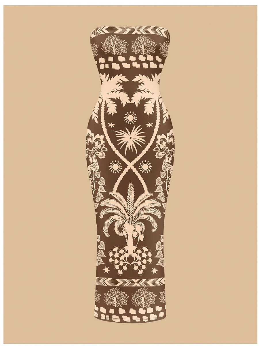 Women'S Fashion Apparel Exquisite Holiday Beach Party Attire Women'S Elegant Floral Print Off-The-Shoulder Strapless Tailored Waist-Cinched Bodycon Dress Bridesmaid Dress Women'S - Coffee Brown