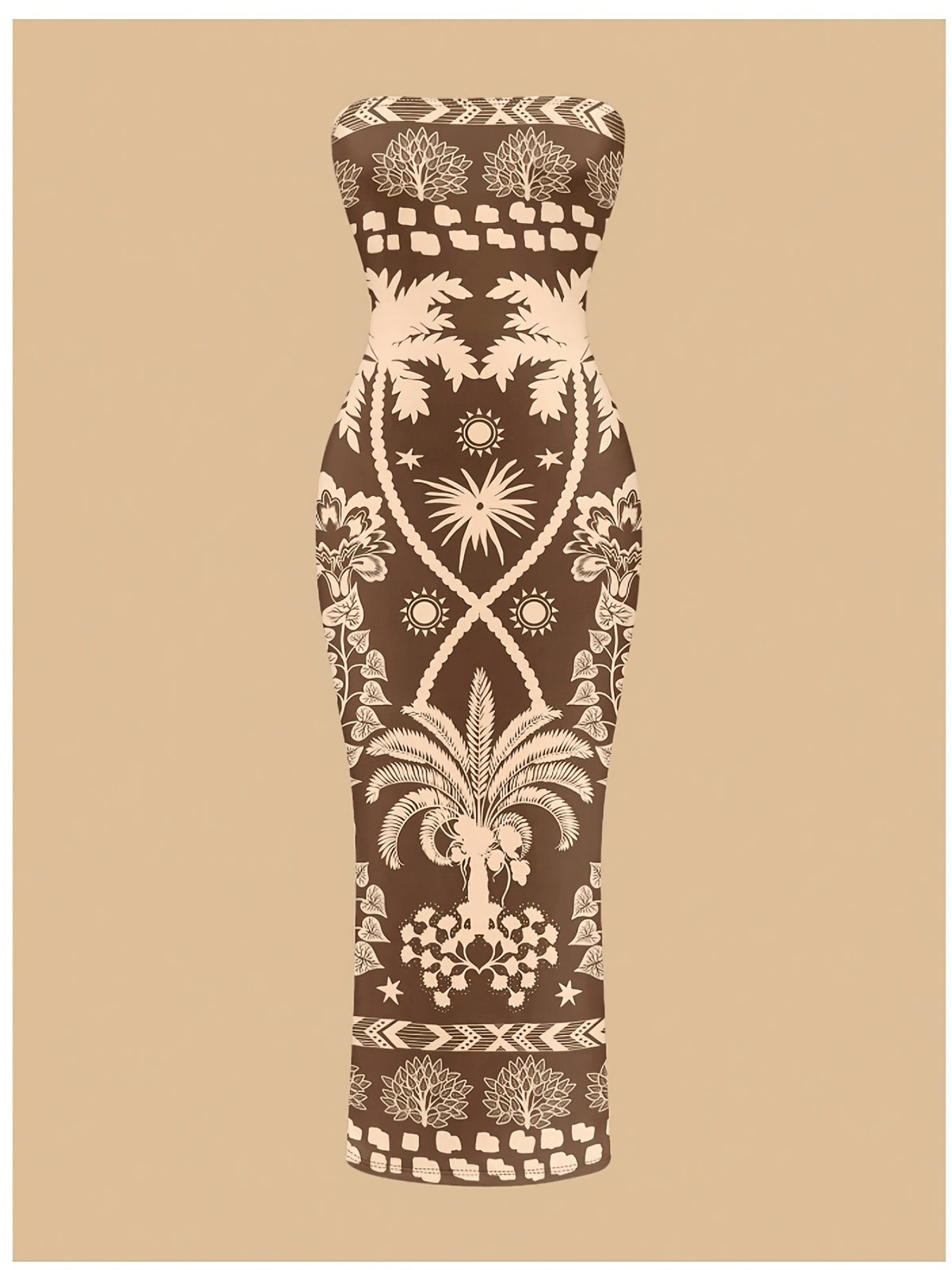 Women'S Fashion Apparel Exquisite Holiday Beach Party Attire Women'S Elegant Floral Print Off-The-Shoulder Strapless Tailored Waist-Cinched Bodycon Dress Bridesmaid Dress Women'S - Coffee Brown