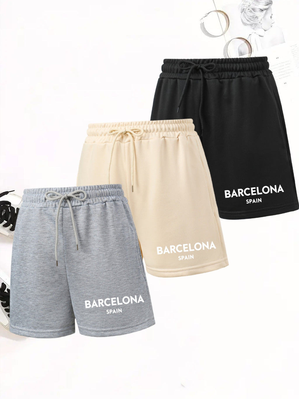 Set of 3 Women'S Elegant Casual Shorts - Featuring Letter Prints, Loose Fit with Drawstring, Perfect for Summer Vacations And Machine Washable - Black+apricot+grey