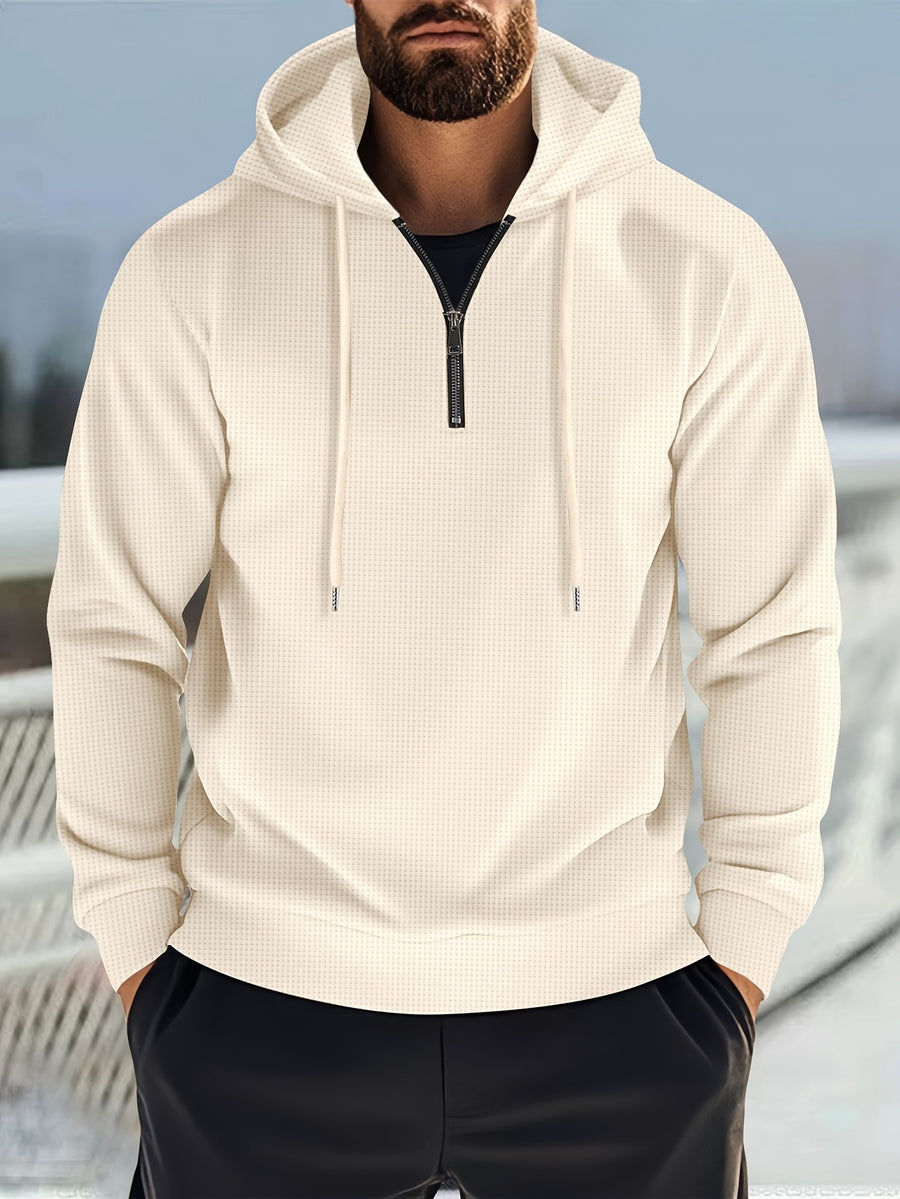 Men's Solid Color Waffle Knit Half-Zip - Lightweight Breathable Half-Zip Hoodie, Long Sleeve Casual Pullover Suitable for Streetwear, Travel, Spring & Autumn Layering, Waffle Texture - Khaki