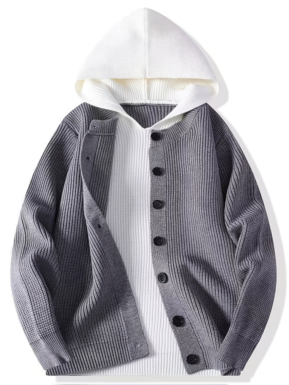 Christmas, Thanksgiving, New Year's Eve, Men's 2-in-1 Look Color Block Hooded Cardigan, Acrylic Blend, Available in Black, Red, Gray, Multiple Colors, Sweatshirt + Cardigan Design, Two-Way Styling in One Top, New Autumn/Winter Men's Regular - Grey