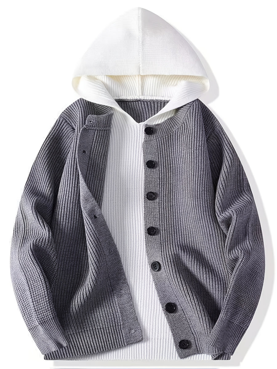 Christmas, Thanksgiving, New Year's Eve, Men's 2-in-1 Look Color Block Hooded Cardigan, Acrylic Blend, Available in Black, Red, Gray, Multiple Colors, Sweatshirt + Cardigan Design, Two-Way Styling in One Top, New Autumn/Winter Men's Regular - Grey