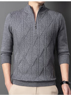 [Wading Whale OBM] Spring/Autumn New Men'S Knit Pullover Sweater, Old Money Style Solid Color Half-Button Stand Collar Long Sleeve Knit Pullover Sweater for Men, Business Casual Fashion Ribbed Sweater, Suitable for Spring, Autumn - Grey