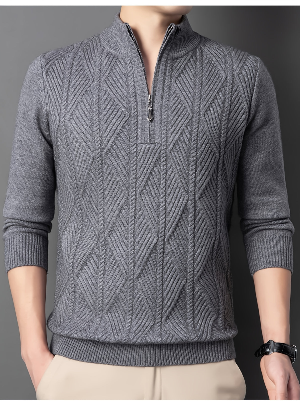 [Wading Whale OBM] Spring/Autumn New Men'S Knit Pullover Sweater, Old Money Style Solid Color Half-Button Stand Collar Long Sleeve Knit Pullover Sweater for Men, Business Casual Fashion Ribbed Sweater, Suitable for Spring, Autumn - Grey