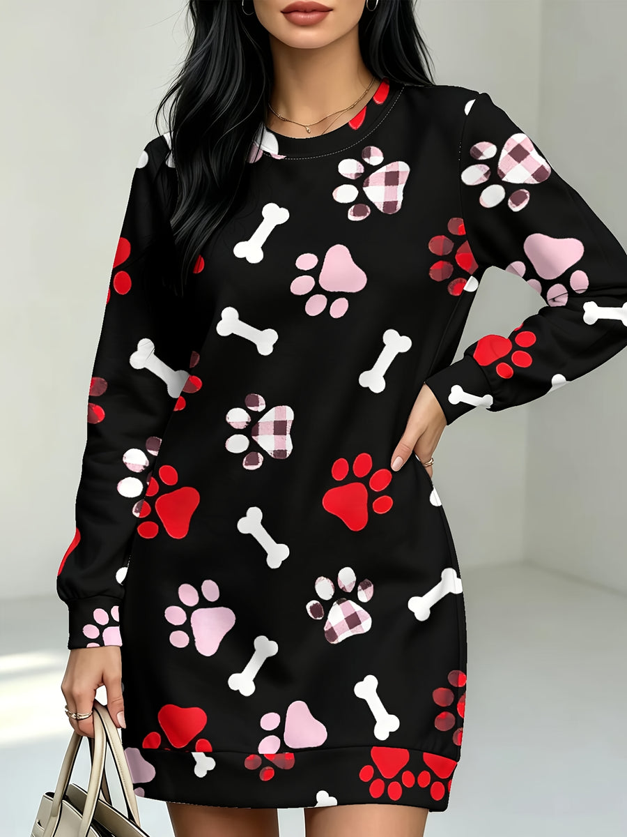 Women's Paw Print & Bone Dress - Full-Body Print A-Line Maxi Dress with Lace Round Neck, Long Sleeve Suitable for Commuting, Home, Dating, Fall/Winter Outfits, Non- Style Dress - Multicolor