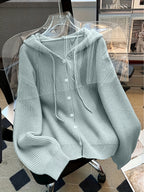 Autumn And Winter Hooded Cardigan, Solid Color Casual Easy Button-Up Sweater, Soft And Comfortable Elegant Women'S Clothing - Azure
