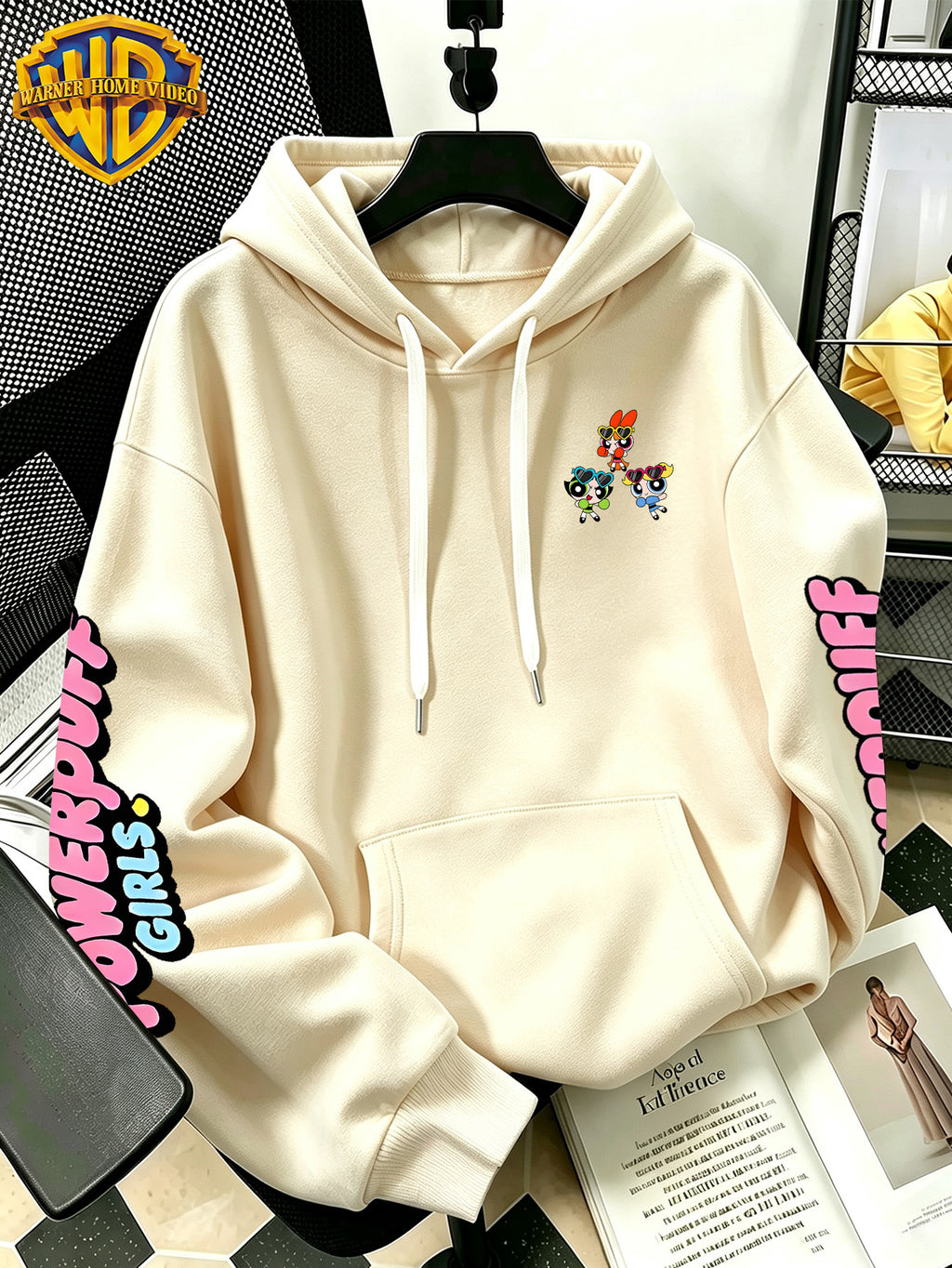 [Warner Bros] Officially Licensed Cute Powerpuff Heart Pattern Print Hoodie - Men'S Fashion Sweatshirt, Adjustable Drawstring Loose Comfortable Hoodie, Suitable for Daily And Outdoor Wear, Perfect Choice for Warmth in Autumn And Winter! Unisex - Apricot