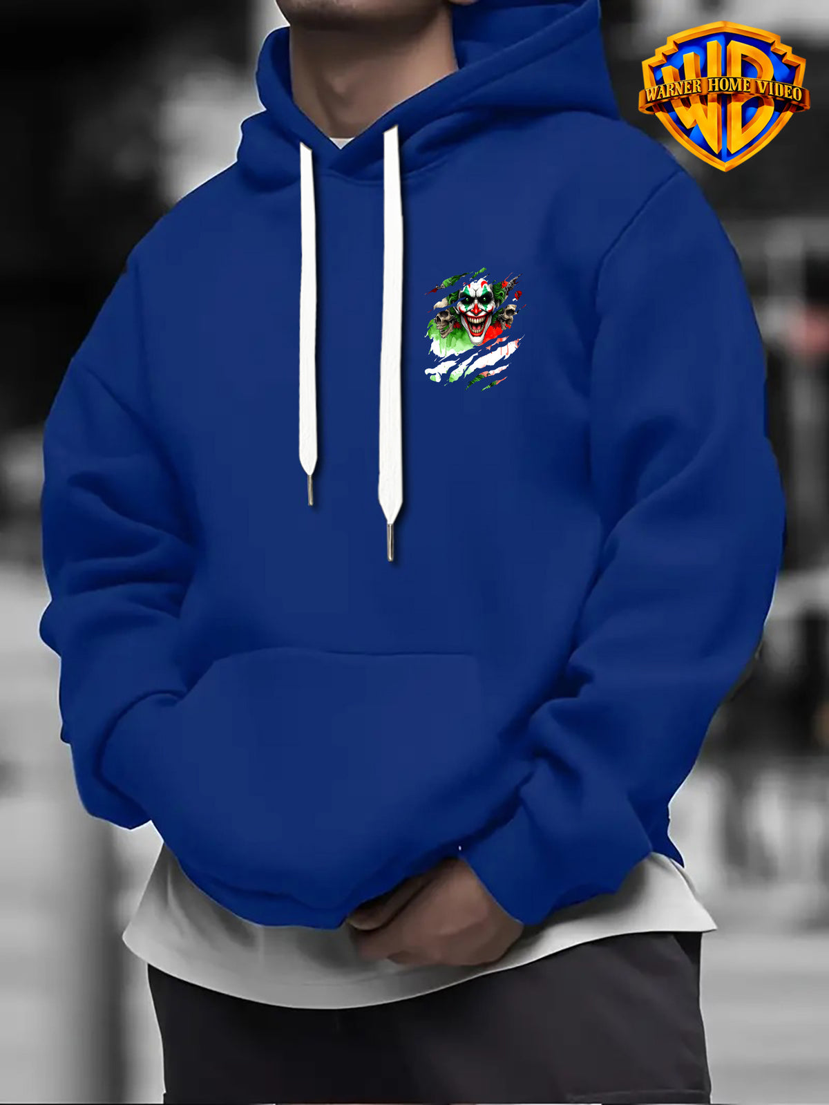 [Officially Licensed by Warner Bros] 1pc, Street Ripped Texture Dark Skull Clown Portrait Casual Hoodie - Men'S Fashion Sweatshirt, Adjustable Drawstring Loose Comfortable Hoodie, Suitable for Daily And Outdoor Wear - Blue