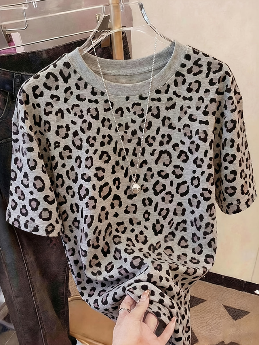 Women's Elegant Leopard Print Short-Sleeve T-Shirt - Opaque Non-Sheer Suitable for - Wear, Machine Washable Medium Stretch Top with Print, Casual to Dressy Outfits - Grey