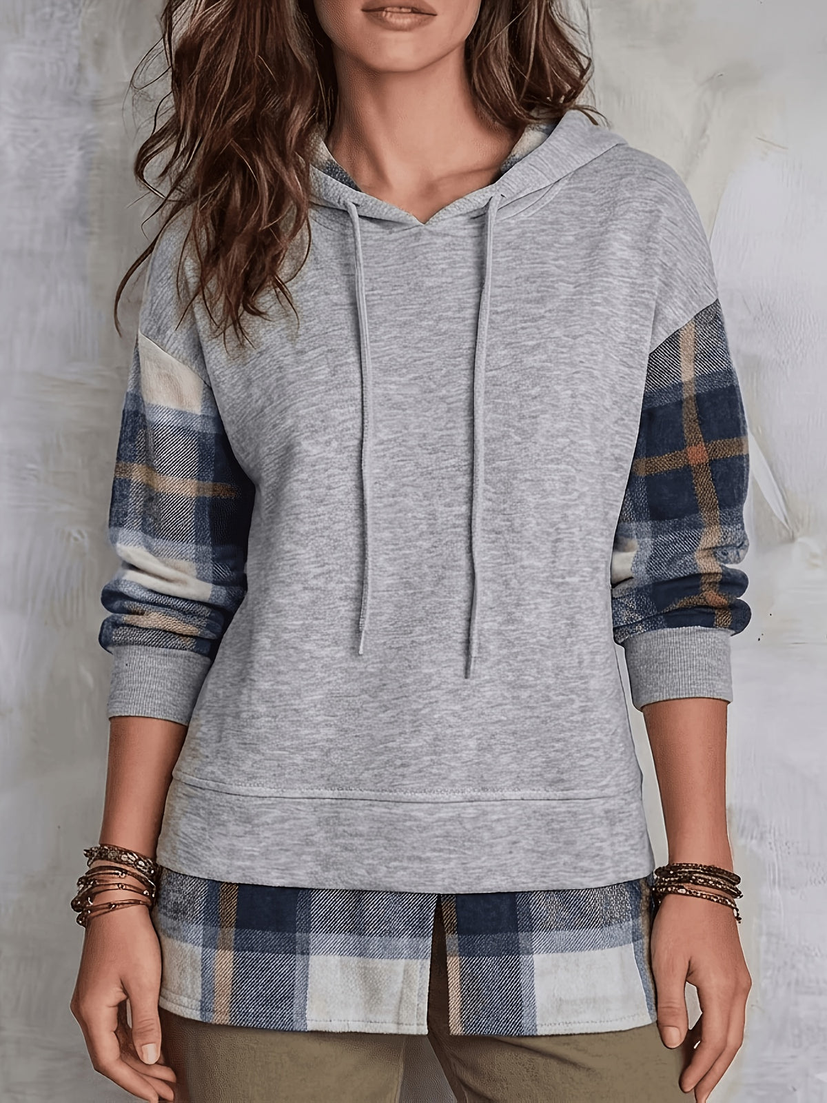 2026 High-Quality Fashionable and Elegant Plaid Hooded Sweatshirt with Gray Plaid Design, Plaid Collar, Plaid Cuffs, and Ribbed Pattern. Lightweight, Soft, and Skin-Friendly for Spring and Autumn. Stylish and Chic Knitwear - Space Gray
