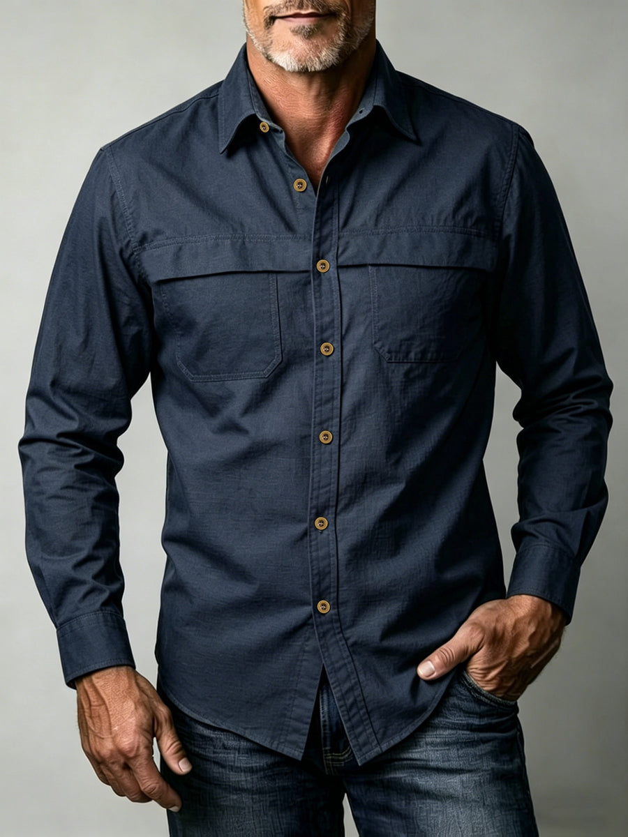 Men'S Solid Color Casual Long-Sleeved Work Shirt, Double Pocket Design, Skin-Friendly And Breathable Fabric, Slim Fit, Stylish And Crisp, Versatile for Spring And Autumn Commuting, Outdoor Activities, And Daily Wear, Durable And Easy to Care for - Navy Color