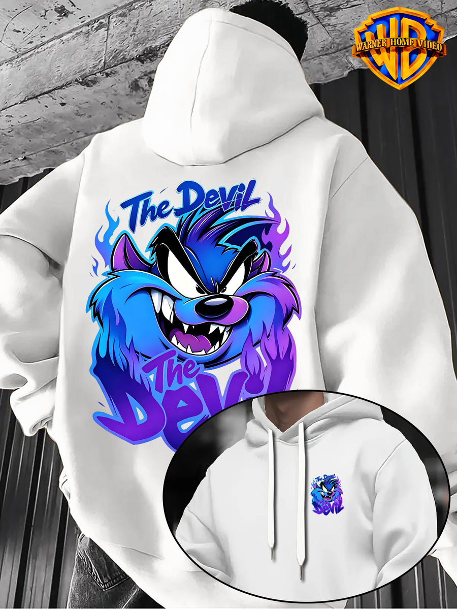 Warner Bros Official 1pc Cyber Purple-Blue Flame Background Grimace The Devil Graffiti Font Casual Hoodie - Men's Fashion Hoodie, Double-Sided Front and Back Print, Adjustable Drawstring Loose and Comfortable Sweatshirt, Suitable for Daily - White