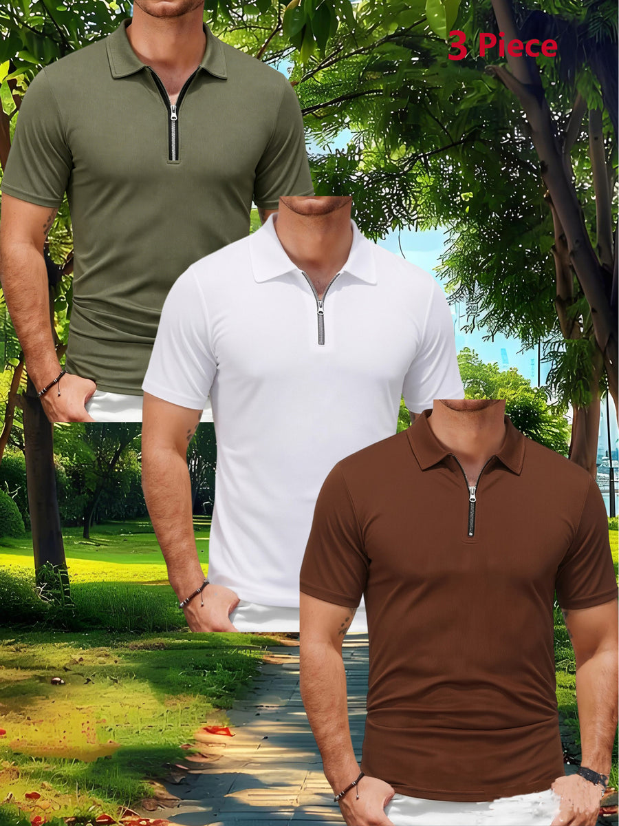 Three-pc Men's Sporty Outdoor Casual Lapel Solid Color Breathable Polo Shirts for High-End Occasions - Army green + white + coffee
