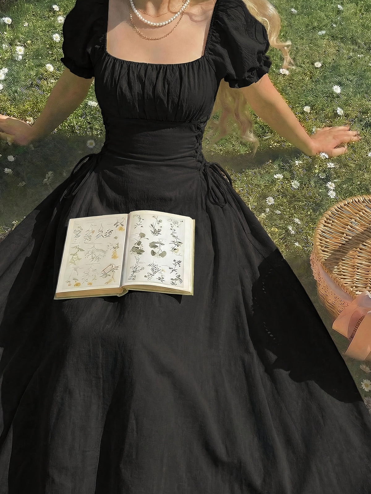 8022 French-Style Sweet and Elegant Women's Solid Color Waist-Cinching Short-Sleeve Dress - Black