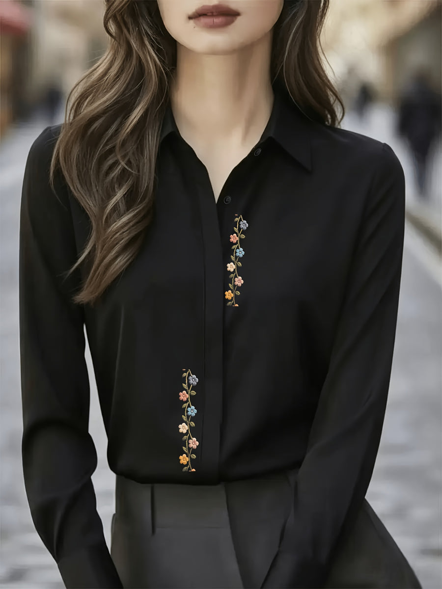 Small Floral Print, Exquisite and Elegant Versatile Top for Daily Office Wear, French-style Gentle and Soft Long-sleeve Women's Blouse for Commuting - Black