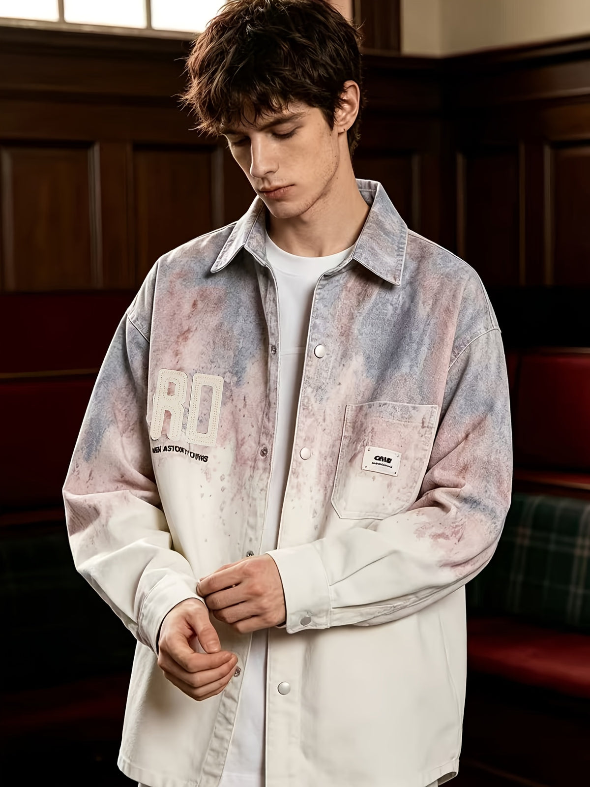 [Pearson OBM] Faux Denim Jacket Outerwear Gradient Long Sleeve Cardigan Couple Style Versatile Top Long Sleeve Shirt - Pink Color